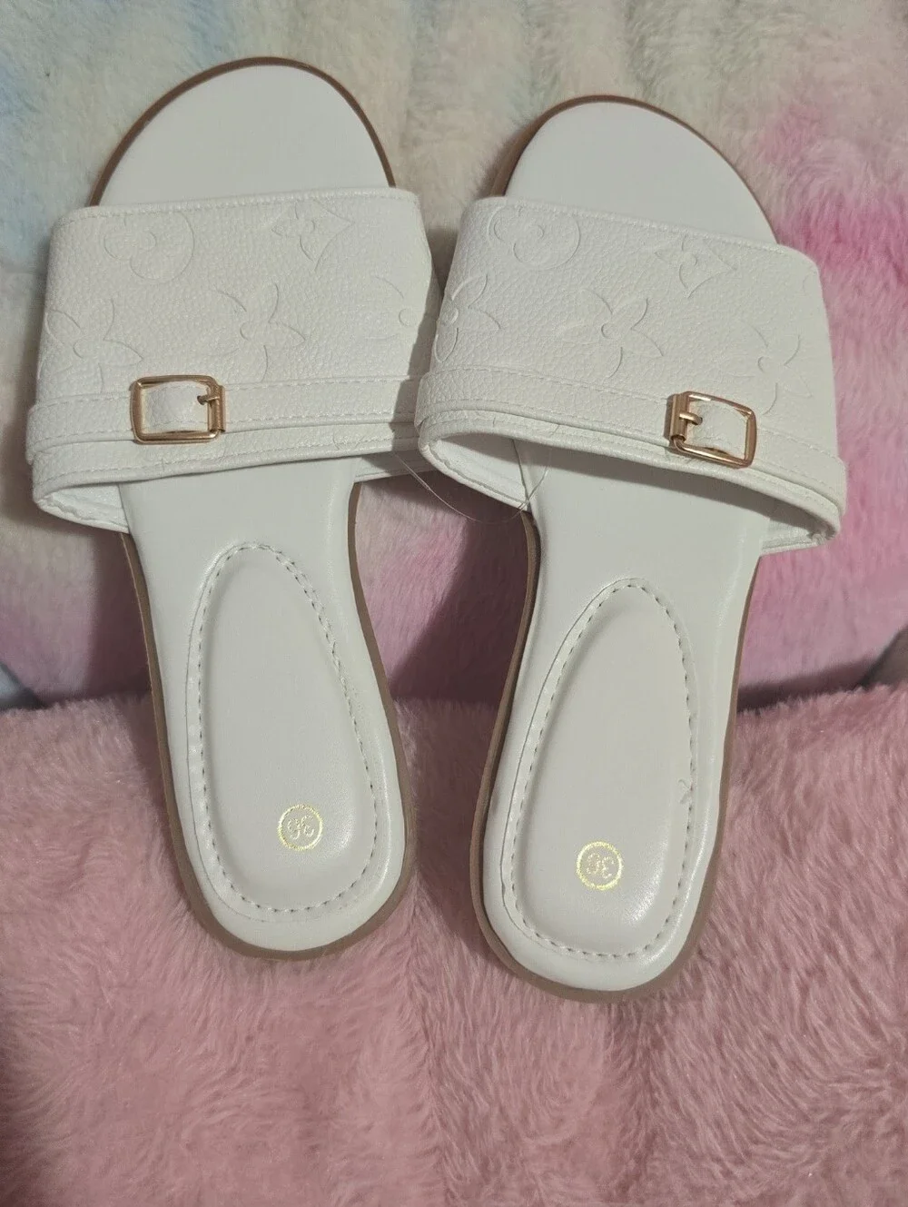 White Embossed Slide Sandals with Gold Buckle